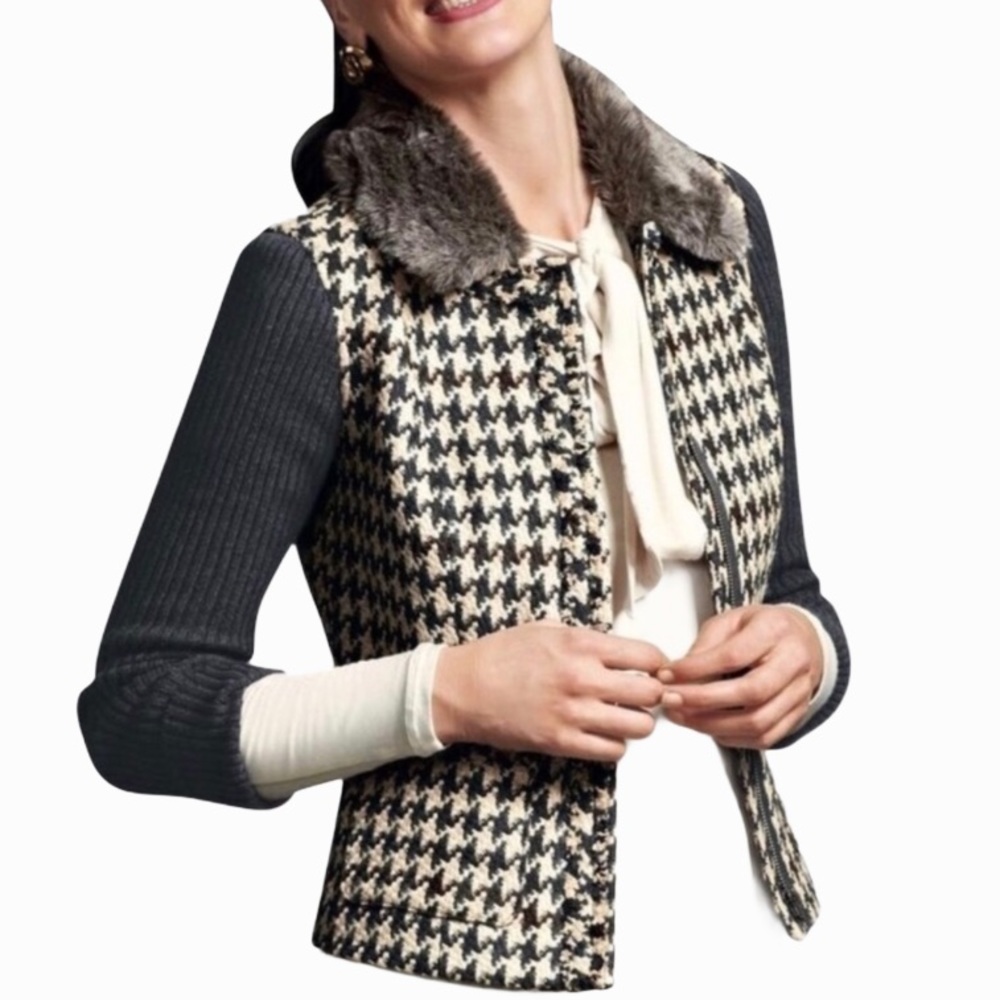 CAbi Houndstooth Mixer Jacket Faux Fur Black Tan